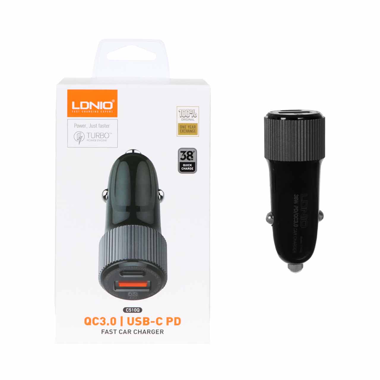 شارژر فندکی فست و PD دو پورت LDNIO مدل C510Q 38W به همراه کابل شارژ Type-C to Type-C - مشکی (اصلی)